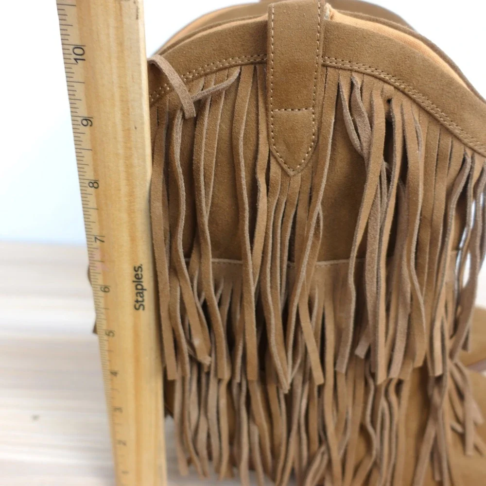 Western Boho Fringe Boots Women 8.5 W Tan Suede Coastal Cowgirl UNIVERSAL THREAD